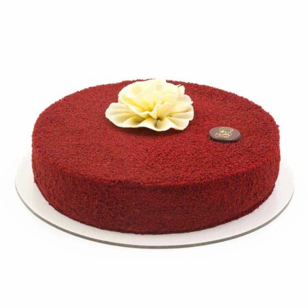 A red velvet cake with a white flower on top