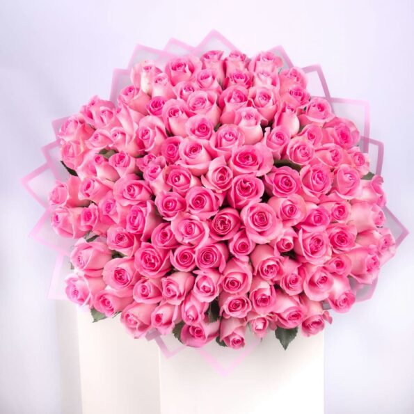 Top view of a 101 pink rose bouquet