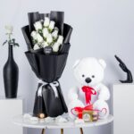 Mystic Moonlight Combo – White Rose Bouquet with Teddy bear and 16 Pc Chocolates
