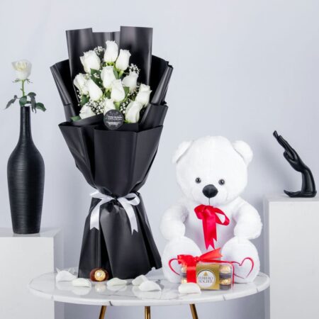 White rose bouquet with white teddy bear and 16 pc chocolate