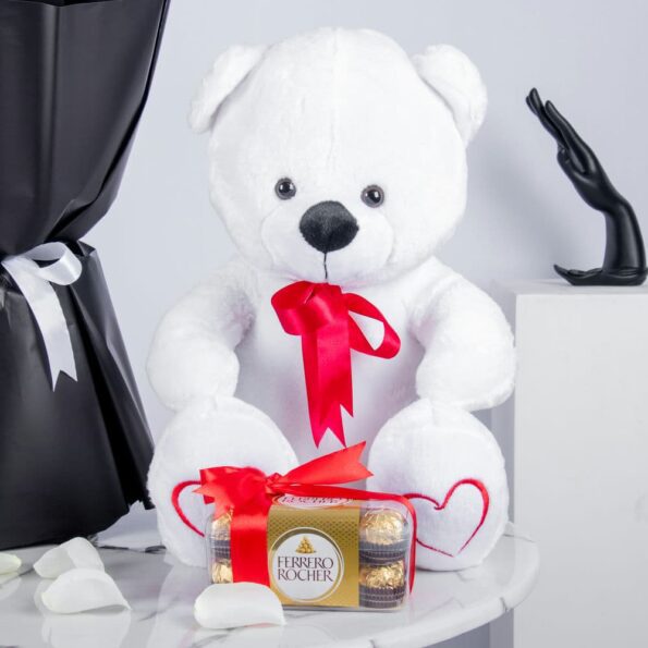 White teddy bear with 16pc chocolates