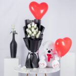Sweet Blossom Combo – White Rose Bouquet with Teddy bear and Balloons