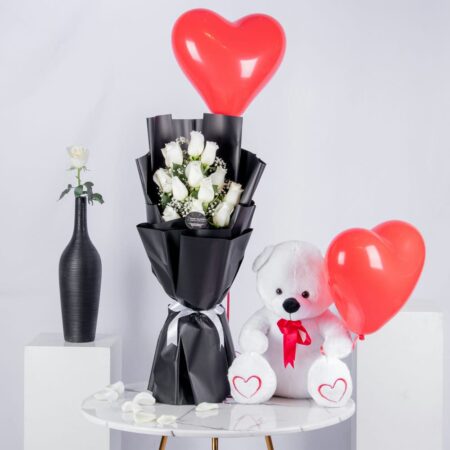 White roses with White teddy bear and two heart shaped balloons