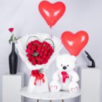 Love Blossoms – Red Rose bouquet with White Teddy bear and Balloons