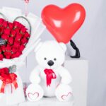 Love Blossoms – Red Rose bouquet with White Teddy bear and Balloons