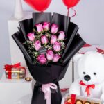 Graceful Harmony Combo – Pink Rose Bouquet with Teddy bear, chocolates and balloons