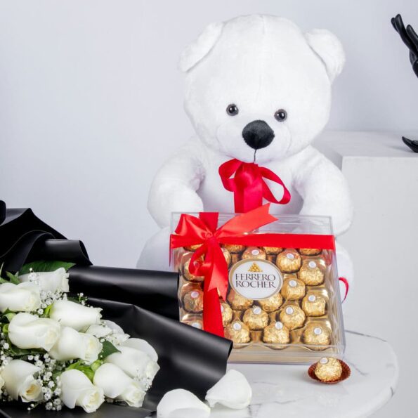 White teddy bear with Ferrero Rocher chocolates