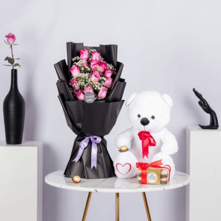 Pink rose bouquet with white teddy bear and chocolates