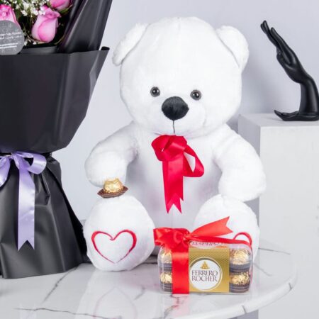 Pink rose bouquet with white teddy bear and chocolates