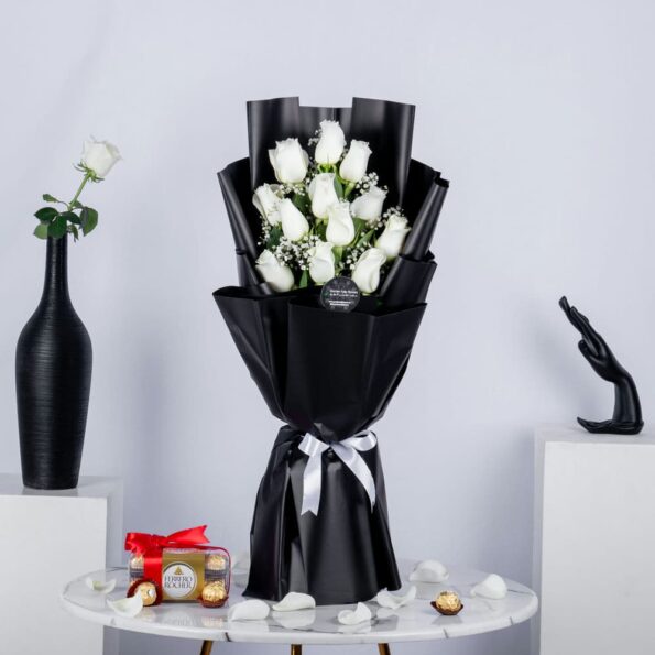 White Rose bouquet with chocolates
