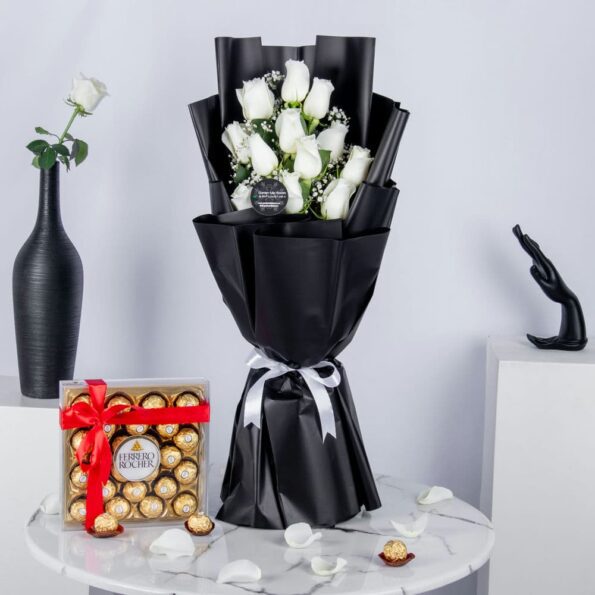 White rose bouquet with chocolates