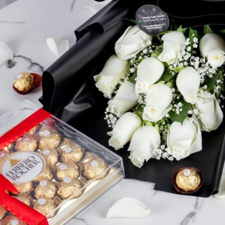 White rose bouquet with chocolates