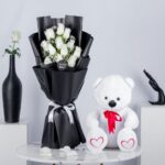 Petals of Joy Combo – White Rose bouquet with White teddy bear