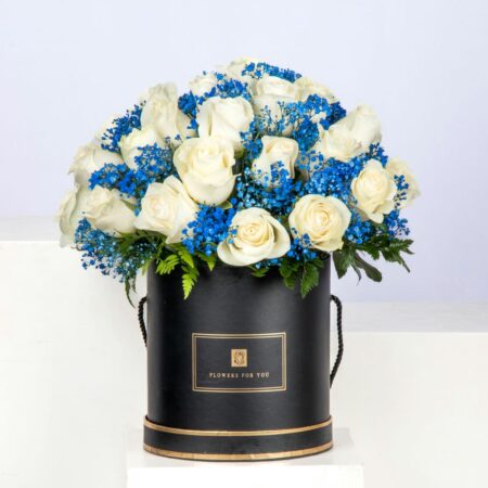 stunning white roses and vibrant blue gypsophila in a classic black box, offering a modern and sophisticated floral arrangement