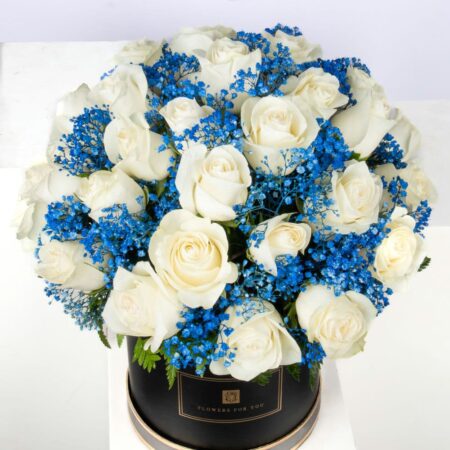 top view of Stunning white roses and vibrant blue gypsophila in a classic black box, offering a modern and sophisticated floral arrangement