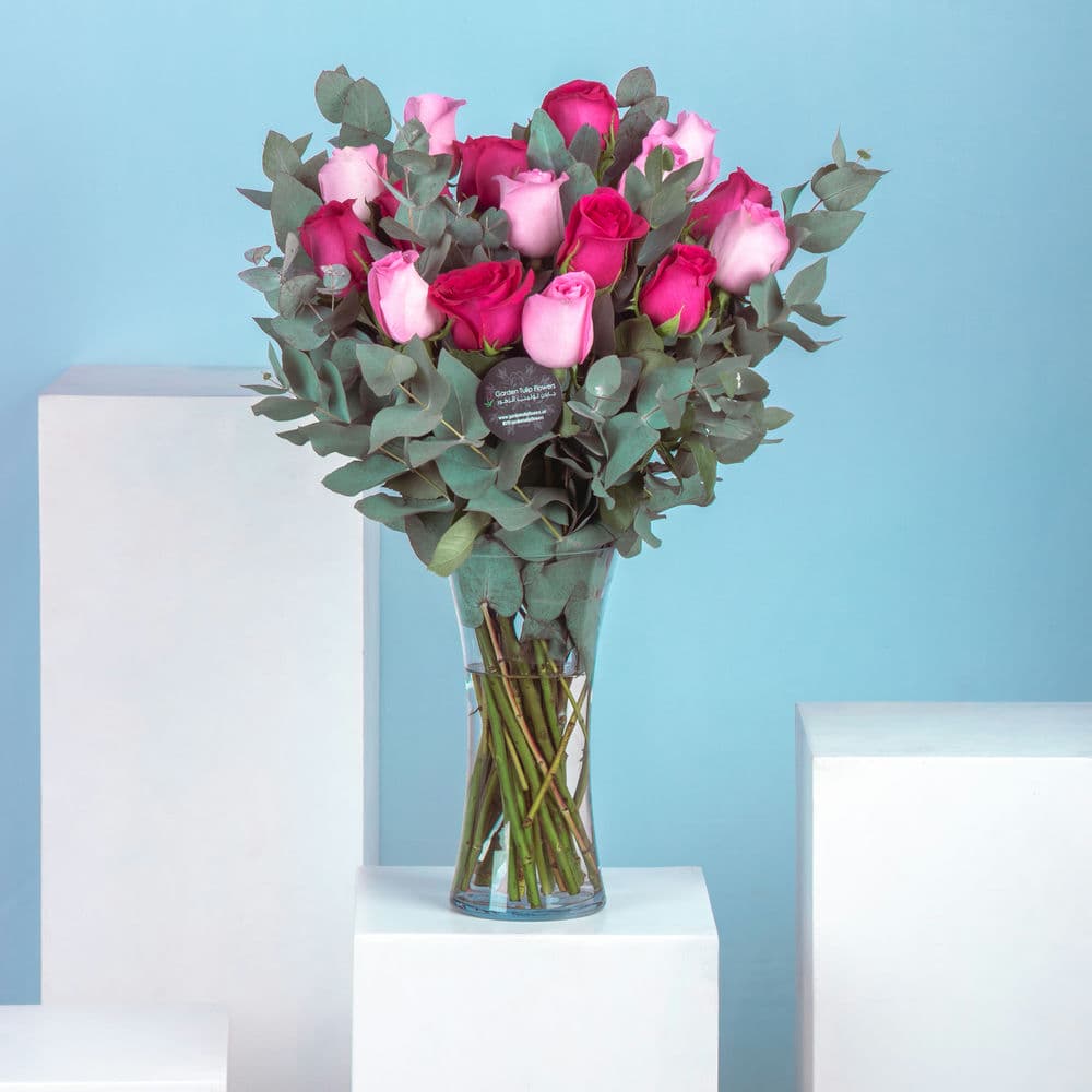 A vase of pink and red roses on a blue background