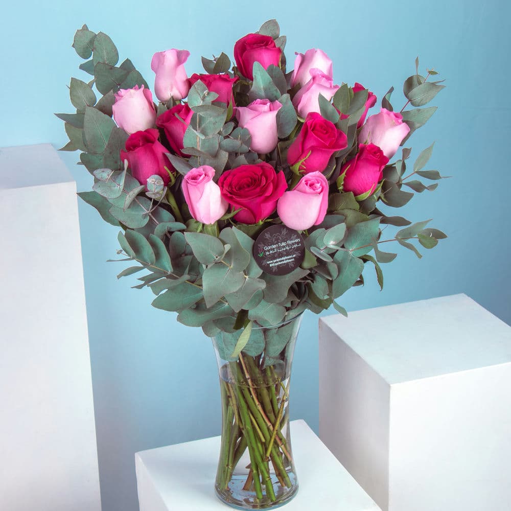 A vase of pink and red roses on a blue background