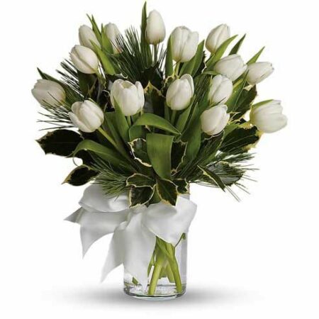 Bouquet of white tulips in a vase with a white bow