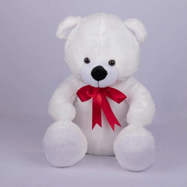 small white teddy bear tied with red ribbon