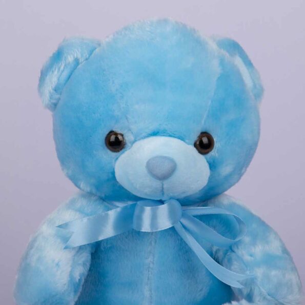 A close up view of small blue teddy bear tied with blue ribbon