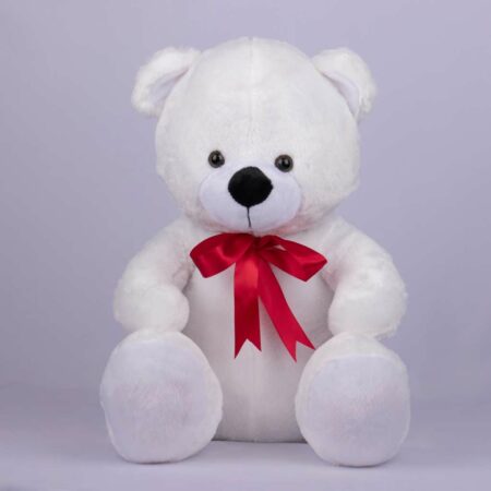 small white teddy bear tied with red ribbon